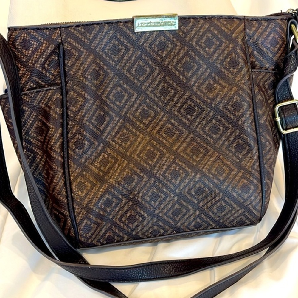 Liz Claiborne Crossbody Purse Brown Faux Leather Shoulder Carry Bag Diamond!
